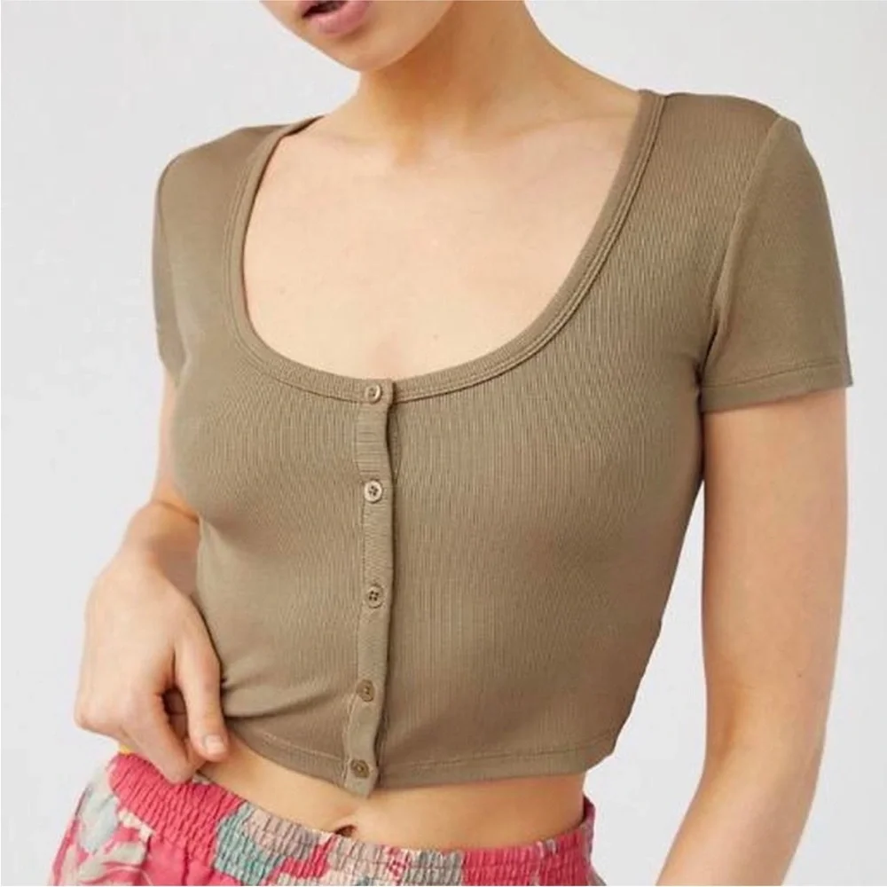 Aritzia Sunday Best Holly Top Button Front Cropped Rib T-Shirt White Crop Top S - Picture 4 of 14